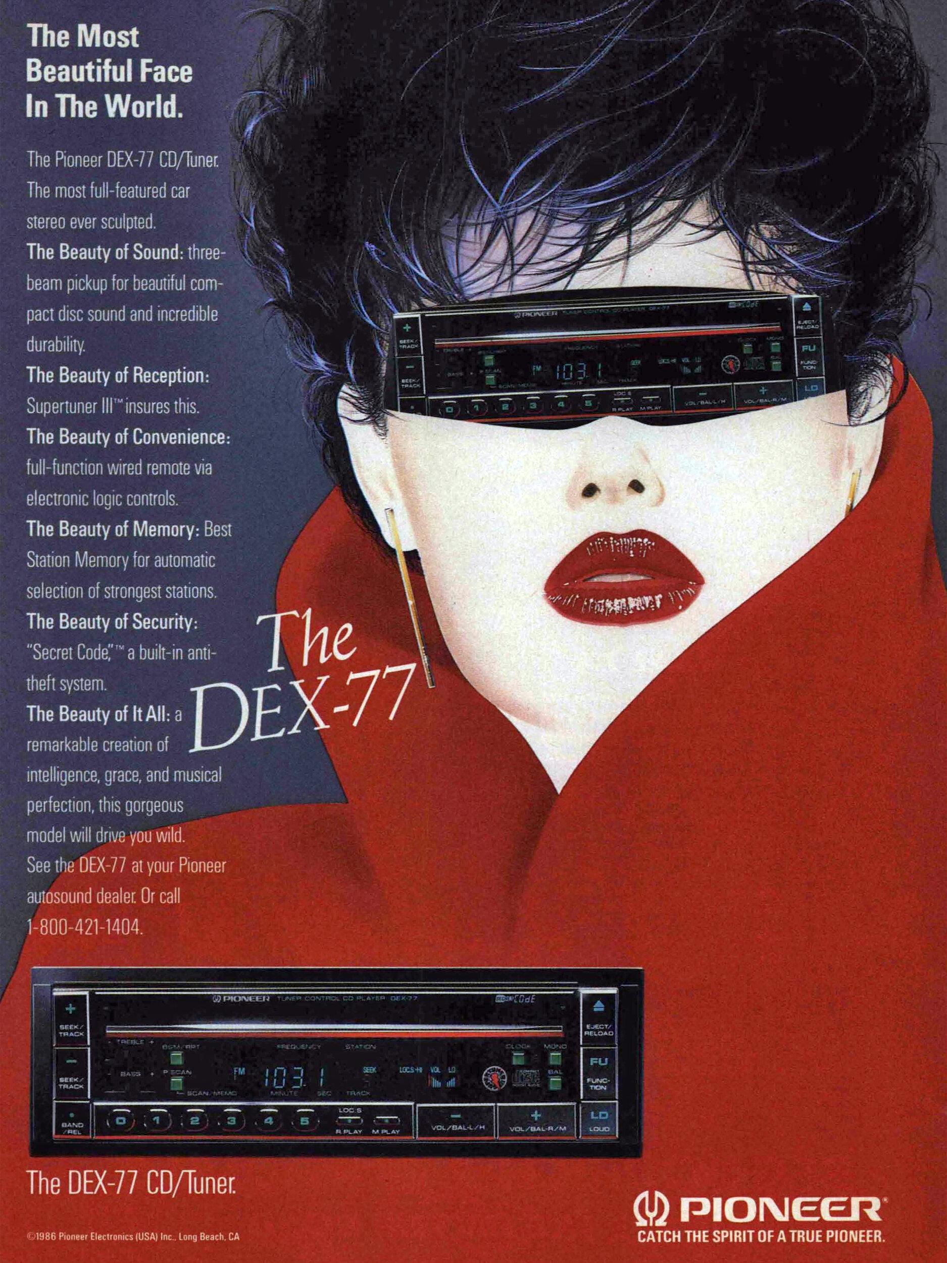 1986 Pioneer DEX-77 Car Stereo CD-Tuner Woman in red Vtg Print Ad 198612-001.jpg