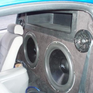 2 Ascendant Audio Mayhem 18's walled in a Mustang