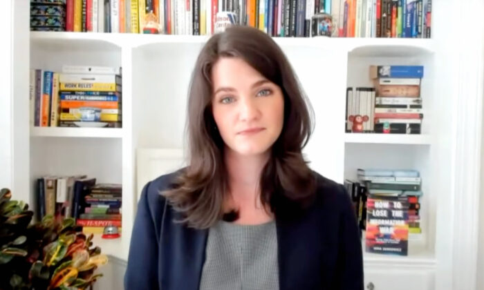 Nina Jankowicz testifies before the House Intelligence Committee on misinformation, conspiracy theories, and infodemics at a virtual hearing on Oct. 15, 2020, in a still from video. (House Intelligence Committee/Screenshot via The Epoch Times)
